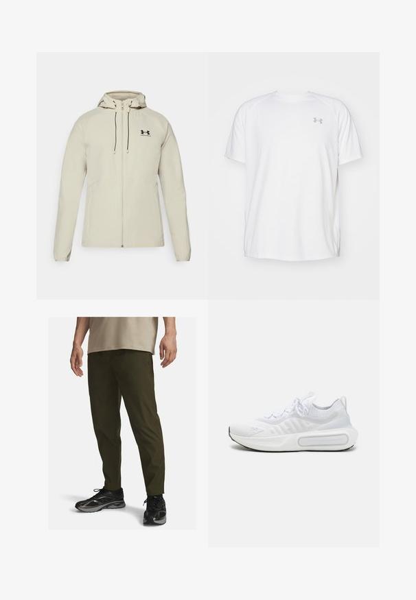 Světle béžová bunda s kapucí, předním zipem, nastavitelnými stahovacími šňůrkami a černým logem na levém prsu. Hladká látka a přiléhavý design.; Bílé sportovní tričko s krátkým rukávem vyrobené z hladké látky. Má kulatý výstřih a šedé logo na levé straně hrudi, s bočními rozparky na lemu.; Olivově zelené sportovní kalhoty se zúženým střihem, texturovaná tkanina a nenápadné logo. V kombinaci s černými teniskami s reflexními prvky.; Bílé sportovní boty s texturovaným úpletem, šněrováním, polstrovanou podrážkou a výrazným logem na boku.