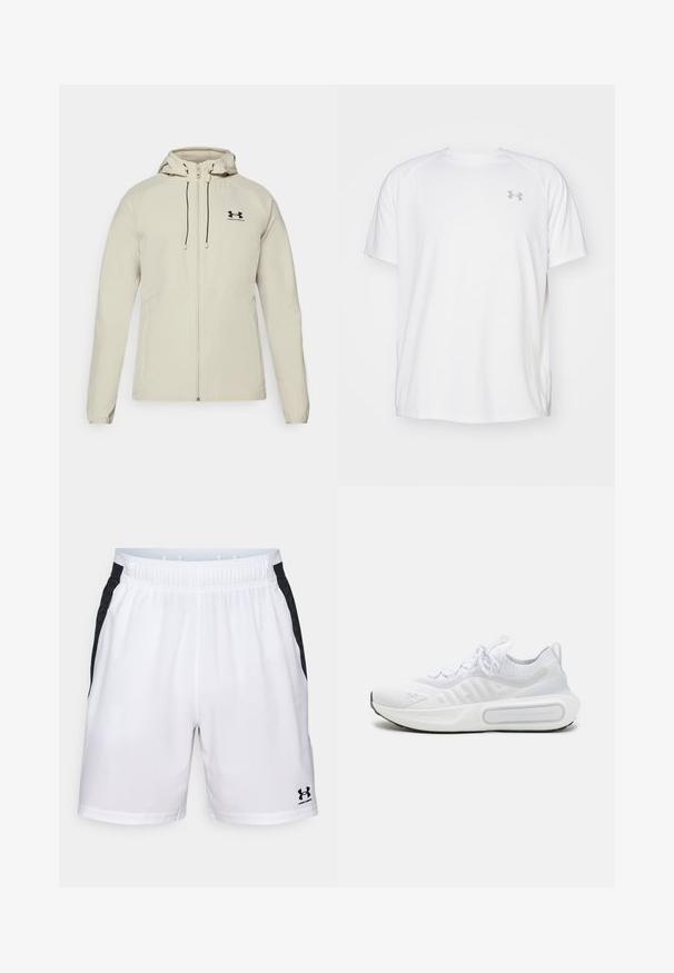 Šviesiai smėlio spalvos džemperis su gobtuvu, priekiniais užtrauktukais, reguliuojamomis raištelėmis ir juodu logotipu ant kairiojo krūtinės. Lygus audinys ir prigludusi forma.; Balta trumpa rankovėmis sportinė marškinėliai, pagaminti iš lygaus audinio. Yra apvalus kaklas ir pilkas logotipas kairėje krūtinės pusėje, o apatinėje dalyje yra šoninės plyšiai.; Baliniai šortai balti su juodais šonų akcentais, elastinga juosta ir Under Armour logotipas apatiniame dešiniajame šone. Lygi tekstūra ir lengvas medžiaga.; Baltas sportinis batelis su tekstūruota trikotažo viršutine dalimi, su raišteliais, paminkštintu padu ir išskirtiniu ženklas šone.