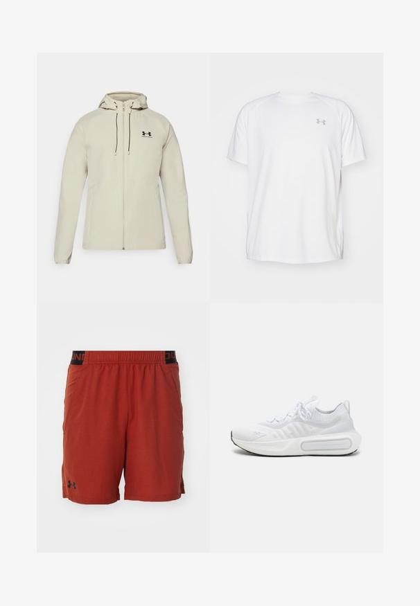 Šviesiai smėlio spalvos džemperis su gobtuvu, priekiniais užtrauktukais, reguliuojamomis raištelėmis ir juodu logotipu ant kairiojo krūtinės. Lygus audinys ir prigludusi forma.; Balta trumpa rankovėmis sportinė marškinėliai, pagaminti iš lygaus audinio. Yra apvalus kaklas ir pilkas logotipas kairėje krūtinės pusėje, o apatinėje dalyje yra šoninės plyšiai.; Raudoni sportiniai šortai, pagaminti iš lengvos medžiagos; turi elastinę juostą su juodu logotipu; šoninės kišenės ir tiesus kirpimas.; Baltas sportinis batelis su tekstūruota trikotažo viršutine dalimi, su raišteliais, paminkštintu padu ir išskirtiniu ženklas šone.