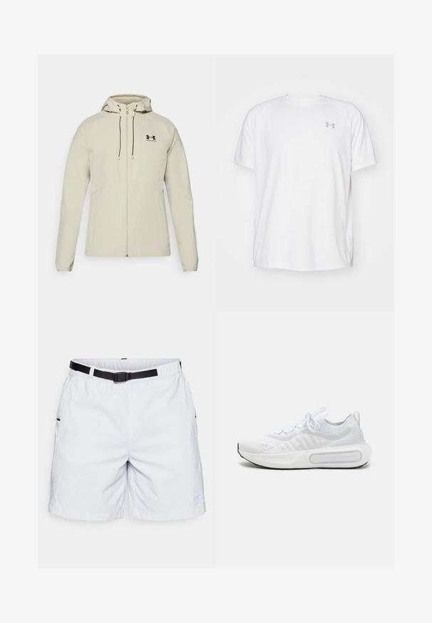 Casaco capuz bege claro com fecho à frente, cordões ajustáveis e logótipo preto no lado esquerdo do peito. Tecido suave e design ajustado.; Camisola atlética de mangas curtas brancas, feita de um tecido suave. Apresenta um decote redondo e um logótipo cinza no lado esquerdo do peito, com aberturas laterais na barra.; Calções cinza claro feitos de material leve, com um cós elástico e um cinto preto, bolsos laterais e um logotipo na parte inferior da perna.; Sapatilha desportiva branca com um upper em malha texturizada, fecho com atacadores, sola almofadada e um detalhe de marcação distintiva na lateral.