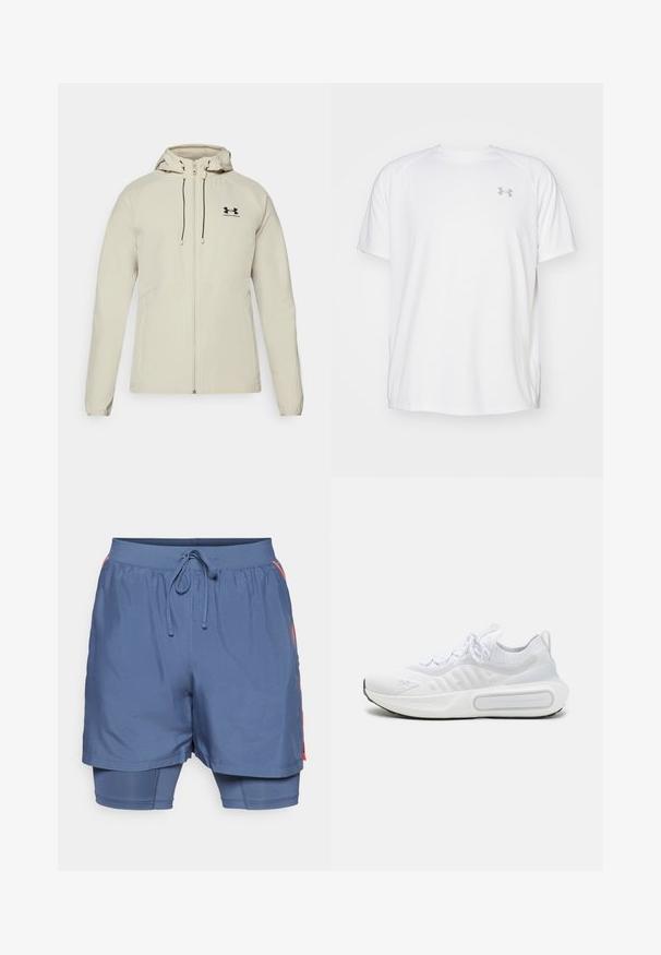 Ljusbeige huva jacka med framdragkedja, justerbara snoddar och svart logotyp på vänster bröst. Slät tyg och figurnära design.; Vit kortärmad träningsskjorta tillverkad av mjukt tyg. Har rund halsringning och en grå logo på vänster bröst, med sidoflikar vid fållen.; Blå sportshorts med elastisk midja och snörning. Inkluderar ett innerfoder av åtsittande shorts. Har orangea detaljer på sidorna.; Vit sportskor med en texturerad stickad ovandel, snörning, vadderad sula och en distinkt varumärkesdetalj på sidan.