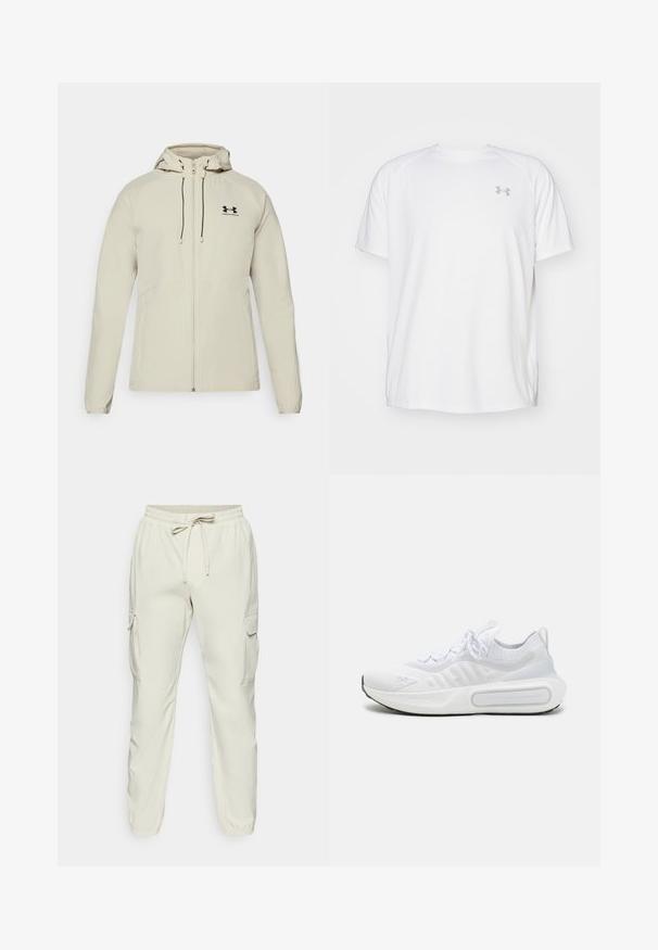 Svetlá béžová bunda s kapucňou a predným zipsom, nastaviteľnými šnúrkami a čiernym logom na ľavej hrudi. Hladká tkanina a priliehavý strih.; Biele atletické tričko s krátkym rukávom vyrobené z hladkej tkaniny. Má okrúhly výstrih a šedé logo na ľavej hrudi, so štrbinami po stranách na leme.; Béžové cargo nohavice s elastickým pásom, detailom na šnurovanie a dvoma bočnými cargo vreckami. Hladká tkanina s zužujúcim sa strihom nohavíc.; Biele športové tenisky s textúrovaným pleteným zvrškom, šnurovaním, mäkčenou podrážkou a charakteristickým detailom značky na boku.