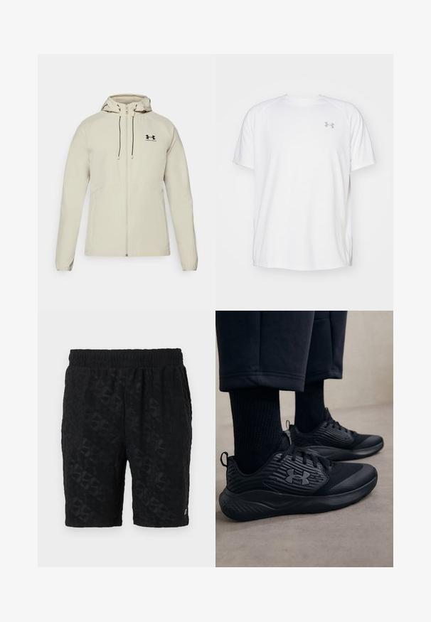 Lichtbeige hoodie met een ritssluiting aan de voorkant, verstelbare trekkoorden en een zwart logo op de linkerkant van de borst. Glad materiaal en een getailleerd ontwerp.; Witte sportieve T-shirt met korte mouwen, gemaakt van gladde stof. Heeft een ronde hals en een grijs logo op de linkerkant van de borst, met zijsplitten aan de zoom.; Zwarte shorts van een gestructureerde stof met een reliëfpatroon. Elastische tailleband voor comfort. Eenvoudig ontwerp zonder zichtbare hardware.; Persoon in zwarte sport sneakers met gestructureerde zijkanten en logo, gecombineerd met zwarte sokken en cropped broek op een lichte vloer.