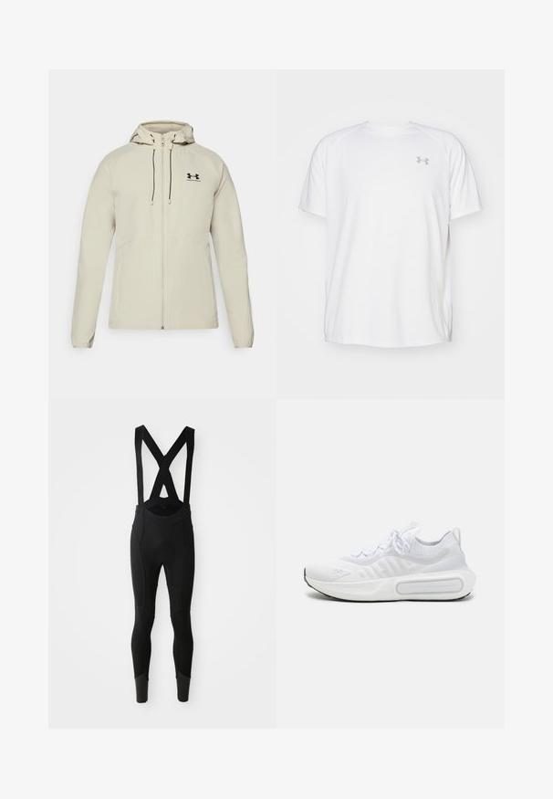 Jasnobeżowa kurtka z kapturem, z przednim zamkiem błyskawicznym, regulowanymi sznurkami i czarnym logo po lewej stronie klatki piersiowej. Gładki materiał i dopasowany krój.; Biała, krótko rękawowa koszulka sportowa wykonana z gładkiego materiału. Posiada okrągły dekolt oraz szare logo po lewej stronie klatki piersiowej, z bocznymi rozcięciami u dołu.; Czarne spodenki rowerowe z szelkami w kształcie litery X, regulowanymi, o teksturowanych panelach i dopasowanych nogawkach zwężających się przy kostkach.; Białe sportowe buty z teksturowanym, dzianinowym wierzchem, sznurowanym zapięciem, wyściełaną podeszwą i charakterystycznym detalem brandingowym po boku.