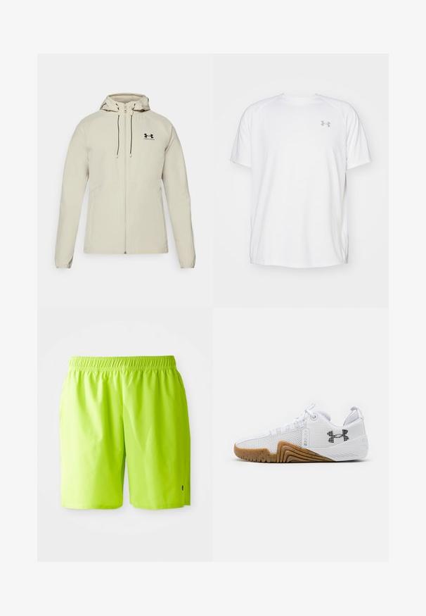 Light beige hooded jacket with a front zipper, adjustable drawstrings, and black logo on the left chest. Smooth fabric and fitted design.; White short-sleeve athletic shirt made of smooth fabric. Features a crew neck and gray logo on the left chest, with side slits at the hem.; Bright lime green swim shorts with elastic waistband and side pockets, displayed against a plain white background.; White athletic shoes featuring a mesh upper, rubber outsole with a gum color, textured accents, and a black logo on the side.