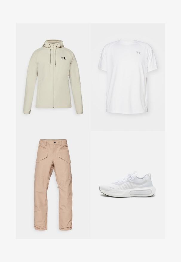 Helle beige Kapuzenjacke mit einem Frontreißverschluss, verstellbaren Kordeln und schwarzem Logo auf der linken Brust. Glattes Material und taillierte Passform.; Weißes kurzärmeliges Sportshirt aus glattem Material. Mit Rundhalsausschnitt und grauem Logo auf der linken Brust, sowie seitlichen Schlitzen am Saum.; Hellebeige Cargo-Hosen aus wasserabweisendem Stoff, ausgestattet mit mehreren Taschen, verstärkten Knien und einem Reißverschluss am unteren Bein für Flexibilität.; Weißer Sportschuh mit einem strukturierten Strick-Obermaterial, Schnürverschluss, gepolsterter Sohle und einem markanten Branding-Detail an der Seite.