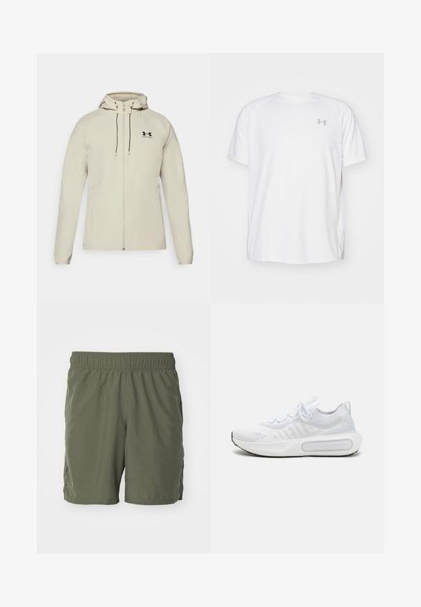 Svetlo bež kapuča jakna s prednjim zadrgo, prilagodljivimi vrvicami in črnim logotipom na levi prsih. Gladko blago in prilegajoča zasnova.; Bela kratka športna majica s kratkimi rokavi, izdelana iz gladkega blaga. Ima okroglo ovratnico in sivo logotip na levi prsi ter stranske razpoke na robu.; Olivnozeleni kratki hlače iz lahkega materiala, s elastiko na pasu in bočnimi razpoki za enostavno gibanje. Preprost dizajn.; Bela športna čevlja s teksturirano pletenino, vezanjem na vezalke, blaženim podplatom in značilnim logotipom na strani.