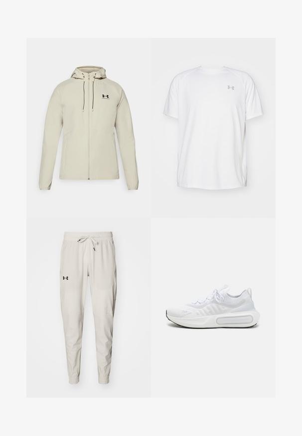 Világos bézs színű kapucnis dzseki elöl cipzárral, állítható zsinórokkal és fekete logóval a bal mellrészen. Simaszerkezet és testhezálló kialakítás.; Fehér, rövid ujjú sportpóló sima anyagból. Kerek nyakkivágással és szürke logóval a bal mellkasnál, az alján oldalsó hasítékokkal.; Under Armour ZONE WOVEN - Tréningruha alsók - white clay; Fehér sportcipő texturált kötött felsőrésszel, fűzős záródással, párnázott talppal és egyedi márkajelzéssel az oldalon.