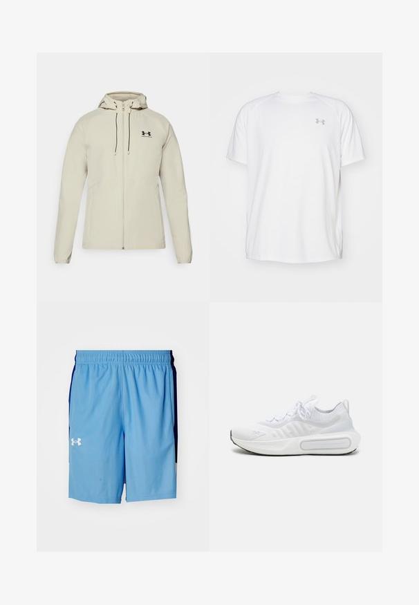 Šviesiai smėlio spalvos džemperis su gobtuvu, priekiniais užtrauktukais, reguliuojamomis raištelėmis ir juodu logotipu ant kairiojo krūtinės. Lygus audinys ir prigludusi forma.; Balta trumpa rankovėmis sportinė marškinėliai, pagaminti iš lygaus audinio. Yra apvalus kaklas ir pilkas logotipas kairėje krūtinės pusėje, o apatinėje dalyje yra šoninės plyšiai.; Under Armour ZONE - Sportiniai šortai - horizon blue/tech blue; Baltas sportinis batelis su tekstūruota trikotažo viršutine dalimi, su raišteliais, paminkštintu padu ir išskirtiniu ženklas šone.