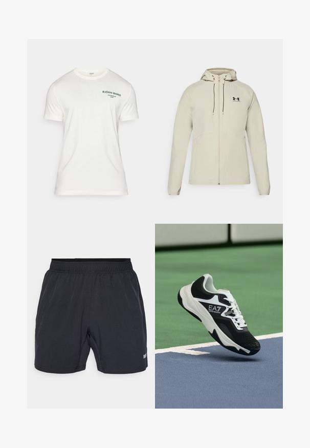 Ανοιχτό μπεζ μπουφάν με κουκούλα, μπροστινό φερμουάρ, ρυθμιζόμενα κορδόνια και μαύρο λογότυπο στο αριστερό στήθος. Λείο ύφασμα και εφαρμοστή σχεδίαση.; Λευκό βαμβακερό T-shirt με κοντά μανίκια, στρογγυλή λαιμόκοψη και πράσινη εκτυπωμένη λογότυπο "BJÖRN BORG STOCKHOLM 1986" στο αριστερό στήθος.; Μαύρα σορτς με ελαστική μέση, κατασκευασμένα από μαλακό, ελαφρύ ύφασμα, που διαθέτουν ένα μικρό λογότυπο στο κάτω δεξί μέρος.; Ασπρόμαυρο αθλητικό παπούτσι EA7 Emporio Armani, αιωρούμενο πάνω από μπλε και πράσινες γραμμές γηπέδου τένις.