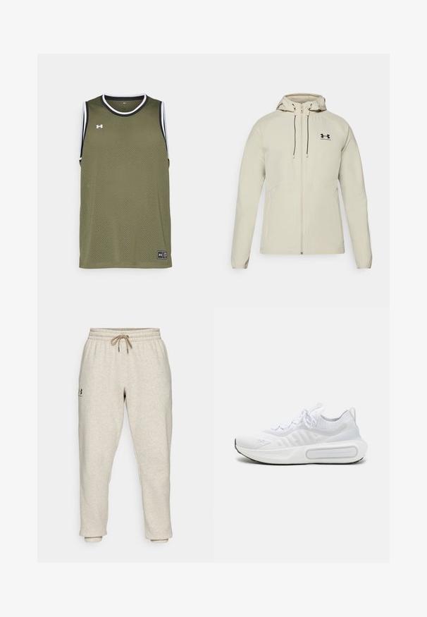 Svetlo bež kapuča jakna s prednjim zadrgo, prilagodljivimi vrvicami in črnim logotipom na levi prsih. Gladko blago in prilegajoča zasnova.; Olive zelena mrežasta brezrokavna majica z črno-belim robom, ki ima značko z logotipom na robu in zračno tkanino za udobje.; Beige trenirke iz mehkega, teksturiranega materiala z elastičnim pasom in vrvico za zategovanje. Imajo stranski logo in zožene gležnje za sproščen fit.; Bela športna čevlja s teksturirano pletenino, vezanjem na vezalke, blaženim podplatom in značilnim logotipom na strani.