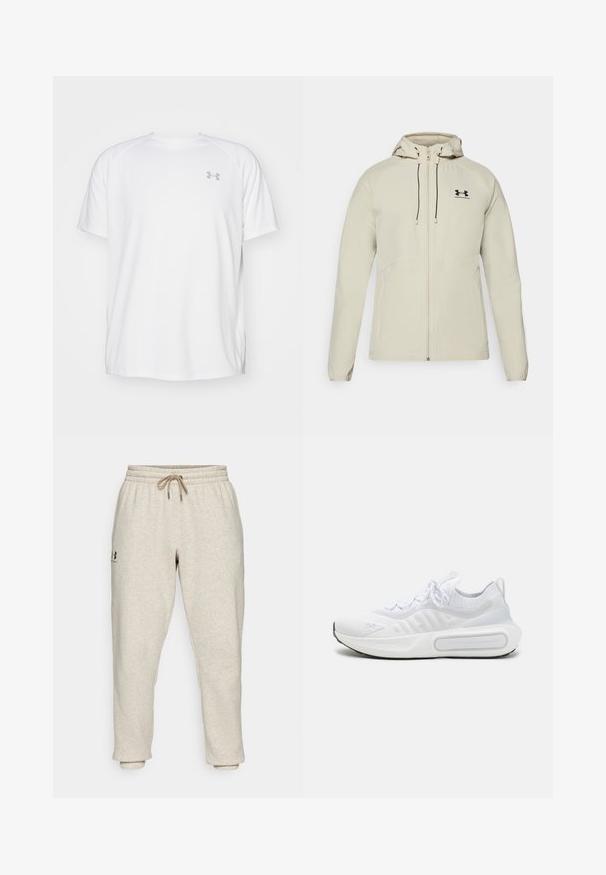 Giacca beige chiaro con cappuccio, chiusura frontale a zip, cordini regolabili e logo nero sul lato sinistro del petto. Tessuto liscio e design aderente.; Maglietta da ginnastica bianca a maniche corte realizzata in tessuto liscio. Presenta un colletto rotondo e un logo grigio sul lato sinistro del petto, con fessure laterali all'orlo.; Pantaloni della tuta beige in morbido tessuto testurizzato con vita elastica e laccetto. Presentano un logo laterale e caviglie affusolate per un fit rilassato.; Scarpa atletica bianca con tomaia in maglia texturizzata, chiusura con lacci, suola ammortizzata e un particolare dettaglio di branding sul lato.