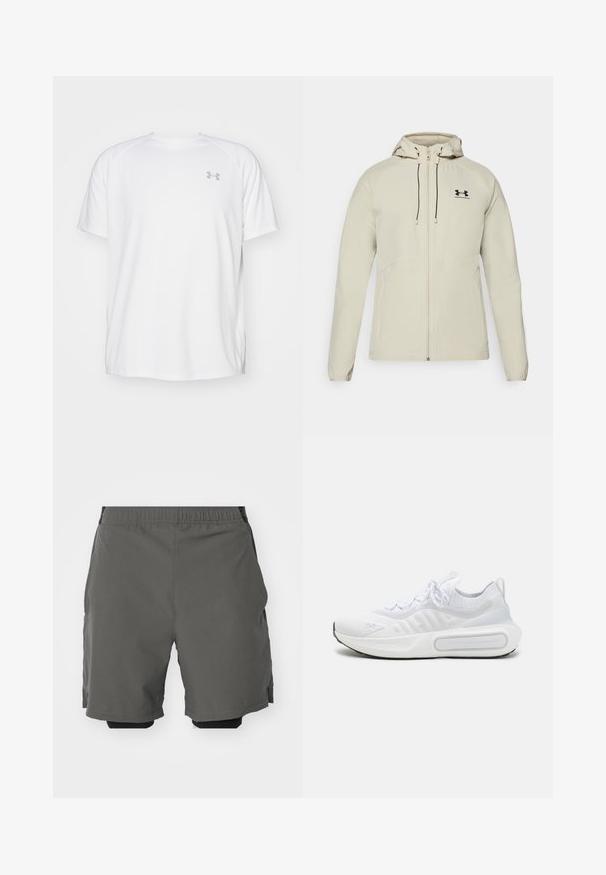 Light beige hooded jacket with a front zipper, adjustable drawstrings, and black logo on the left chest. Smooth fabric and fitted design.; White short-sleeve athletic shirt made of smooth fabric. Features a crew neck and gray logo on the left chest, with side slits at the hem.; Gray athletic shorts with a smooth, lightweight fabric and an elastic waistband, featuring inner compression shorts and side pockets.; White athletic shoe with a textured knit upper, lace-up closure, cushioned sole, and a distinctive branding detail on the side.