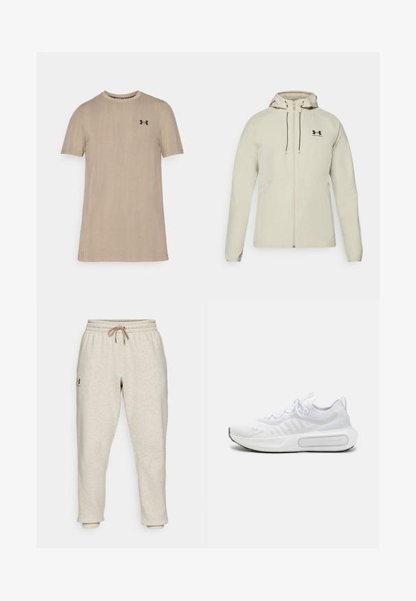 Casaco capuz bege claro com fecho à frente, cordões ajustáveis e logótipo preto no lado esquerdo do peito. Tecido suave e design ajustado.; T-shirt bege de manga curta feita de tecido texturizado. Apresenta um logótipo preto no peito e decote redondo. Design simples com um corte regular.; Calças de moletão bege em tecido suave e texturizado, com cintura elástica e cordão. Apresentam um logo lateral e tornozelos ajustados para um ajuste descontraído.; Sapatilha desportiva branca com um upper em malha texturizada, fecho com atacadores, sola almofadada e um detalhe de marcação distintiva na lateral.