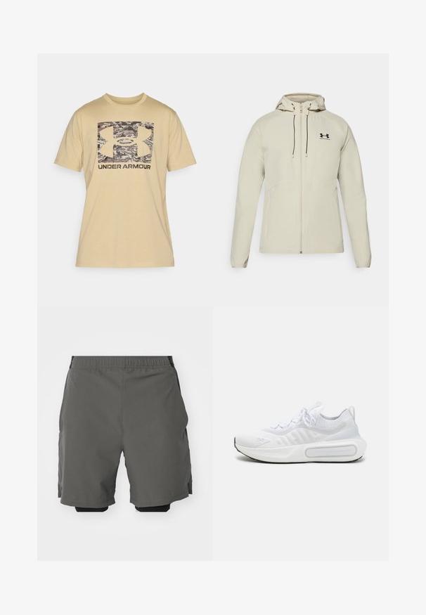 Vala beige huppari, jossa on etuvetoketju, säädettävät nyörit ja musta logo vasemmassa rinnassa. Sileä kangas ja vartalonmyötäinen muotoilu.; Beige t-paita, jossa on lyhyet hihat. Siinä on kamouflagekuvioinen Under Armour -logo ja tummat kirjaimet logon alapuolella.; Harmaat urheilushortsit, joissa on sileä ja kevyt kangas, joustava vyötärö ja sisäiset kompressioprihmat sekä sivutaskut.; Valkoinen urheilukenkä, jossa on teksturoitu neulepinta, nauhakiinnitys, pehmustettu pohja ja erottuva brändityyli sivussa.