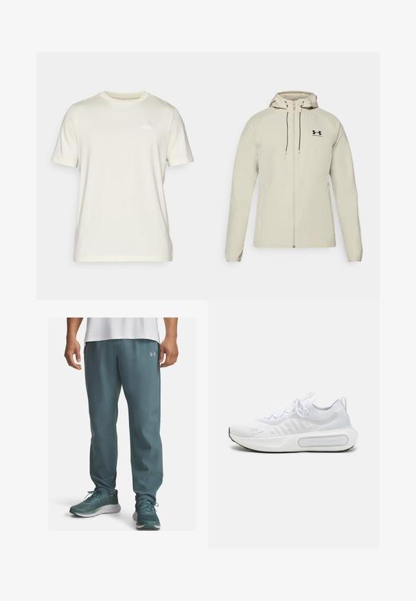 Chaqueta con capucha de color beige claro, con cremallera frontal, cordones ajustables y logo negro en el lado izquierdo del pecho. Tela suave y diseño ajustado.; Camiseta de manga corta color crema hecha de algodón suave con cuello redondo. Presenta un pequeño logo bordado de Puma en el pecho.; Pantalones deportivos ligeros en tela azul verdoso con una textura suave, que presentan un logo plateado en el lado izquierdo y un corte ajustado hacia los tobillos.; Zapatilla deportiva blanca con una parte superior de punto texturizado, cierre de cordones, suela acolchada y un detalle de marca distintivo en el lateral.