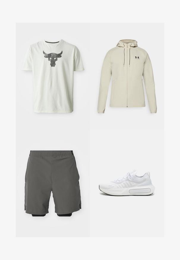 Lichtbeige hoodie met een ritssluiting aan de voorkant, verstelbare trekkoorden en een zwart logo op de linkerkant van de borst. Glad materiaal en een getailleerd ontwerp.; Witte katoenen T-shirt met een metallic zwart stierenkop graphic gecentreerd op de borst. Korte mouwen en ronde hals.; Grijze sportshorts van een gladde, lichte stof met een elastische tailleband, voorzien van binnenste compressieshorts en zijzakken.; Witte sportieve schoen met een geweven bovenkant, vetersluiting, gevoerde zool en een kenmerkend merkteken aan de zijkant.