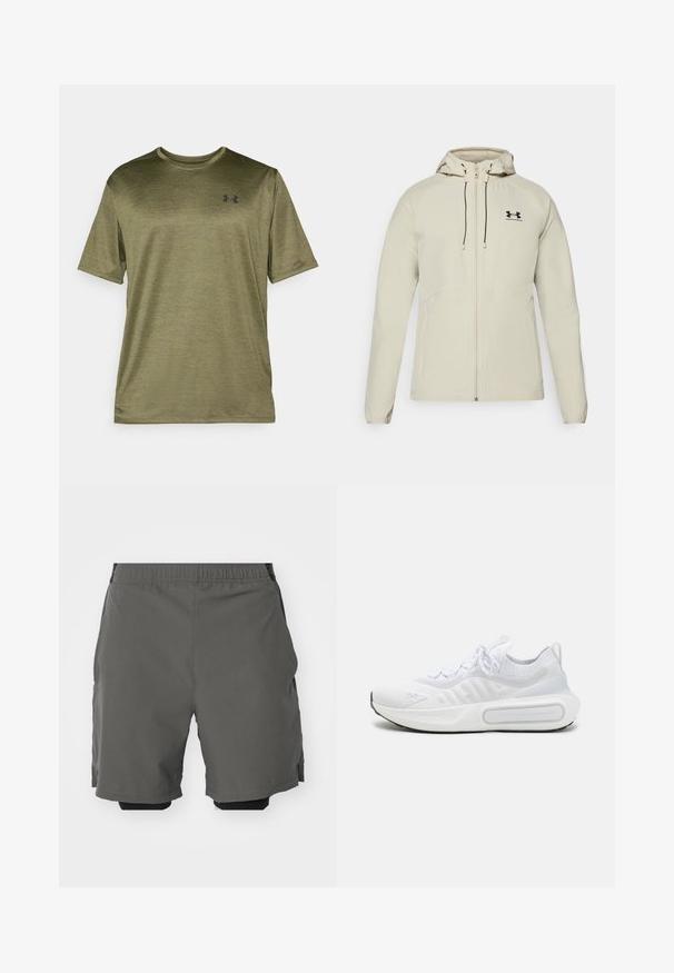 Lichtbeige hoodie met een ritssluiting aan de voorkant, verstelbare trekkoorden en een zwart logo op de linkerkant van de borst. Glad materiaal en een getailleerd ontwerp.; Olijfgroen T-shirt met korte mouwen en een ronde halslijn, voorzien van een subtiele gemêleerde textuur en een zwart logo op de borst.; Grijze sportshorts van een gladde, lichte stof met een elastische tailleband, voorzien van binnenste compressieshorts en zijzakken.; Witte sportieve schoen met een geweven bovenkant, vetersluiting, gevoerde zool en een kenmerkend merkteken aan de zijkant.