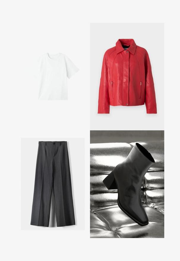Rote Lederjacke mit strukturiertem Finish, mit einem Kragen, frontalem Reißverschluss und Seitentaschen. Das Design ist strukturiert und modern.; Weißes Kurzarm-T-Shirt mit Rundhalsausschnitt, aus glattem Baumwollstoff, in lässigem Schnitt ohne Verzierungen oder Muster.; Weite Beinhosen aus dunkelgrauem Stoff mit Knopfverschluss, vorderen Falten und Gürtelschlaufen. Glatte Textur mit maßgeschneidertem Design.; Schwarzer Knöchelstiefel aus glänzendem Material mit quadratischer Zehenform und verjüngtem Absatz, vor einem glänzenden silbernen gepolsterten Hintergrund.