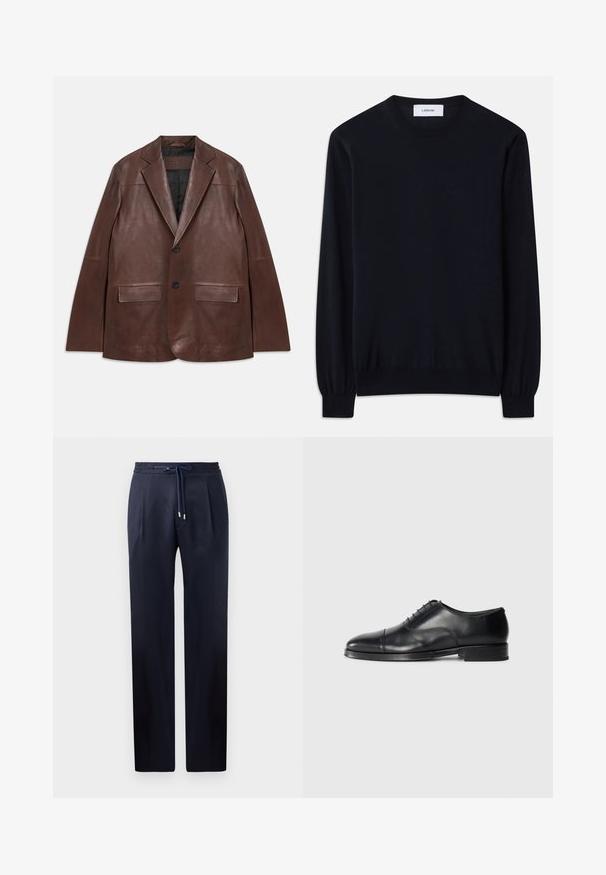 Donkerbruin leren blazer met notch-revers, twee zwarte knopen, klepzakken en zwarte voering, plat gelegd op een witte achtergrond.; Zwarte crewneck trui gemaakt van een gladde brei-stof. Lange mouwen met aansluitende manchetten en een relaxte fit door het hele lijf.; Navyblauwe broek met een relaxte pasvorm, elastische tailleband en trekkoordsluiting. Voorzien van twee voorplooien en rechte benen zonder zakken.; Zwarte leren dresschoenen met een ronde neus, een gladde textuur, vetersluiting en een subtiele naaddetail, met een lage, platte hak.