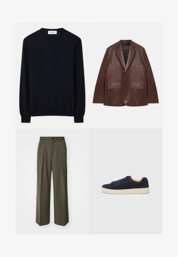 Blazer de couro castanho escuro com lapelas com corte a direito, dois botões pretos, bolsos com aba e forro preto, disposto em plano sobre um fundo branco.; Sweater preto de gola redonda feito de um tecido de malha suave. Mangas longas com punhos ajustados e um corte descontraído na parte do corpo.; Filippa K WIDE TROUSERS - Calças - driftwood; Sapatilha de camurça azul-marinho de cano baixo com biqueira arredondada, sola de borracha off-white e atacadores a condizer; apresenta um forro interior contrastante em tom de tan.