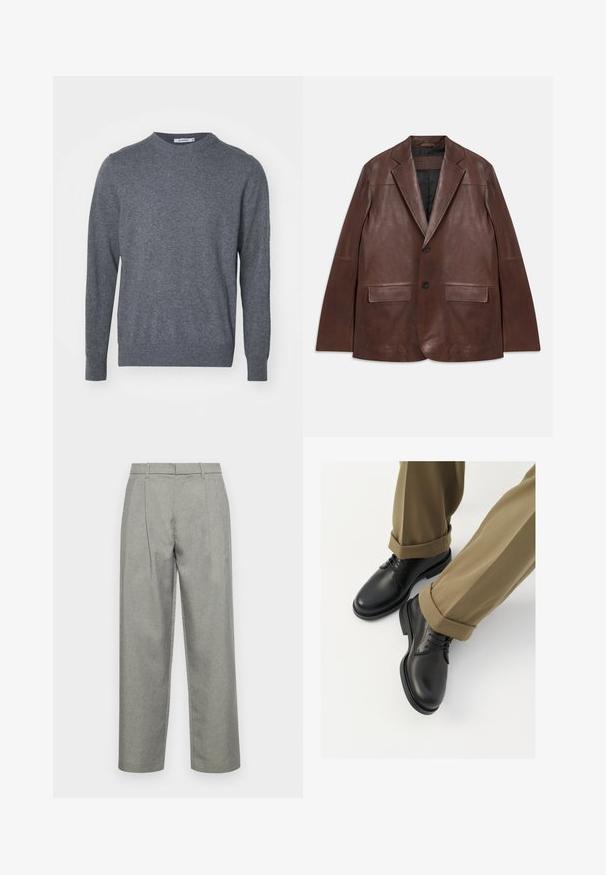 Tumši brūns ādas žakets ar iegriezumiem, divām melnām pogām, kabatām ar atloku un melnu iekšējo oderējumu, izklāts uz baltas fona.; Pelēks garās piedurknes adīts džemperis ar apaļu kakla izgriezumu, ribotiem aprocēm un apakšmalu, attēlots uz baltas fona.; Pelēki piegriezti bikses, izgatavotas no teksturēta auduma, ar taisnu kāju dizainu, priekšējiem krokām un standarta jostu ar jostu cilpām.; Melnas ādas kleita apavi ar gludu virsmu, ar auklēm un noapaļotu purngalu, apvienoti ar sarullētām kaķi biksēm.