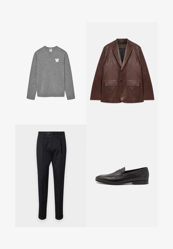Tummanruskea nahkajakki, jossa on viistot kaulukset, kaksi mustaa nappia, läppätaskut ja musta vuori, asetettuna tasaiseksi valkoista taustaa vasten.; Harmaa neulepaita, jossa on pyöreä kaulus ja ribattuja hihansuita. Vasemmassa rinnassa on valkoinen kirjailtu "W"-kiri. Pehmeä rakenne.; Musta housut, jotka on valmistettu sileästä kankaasta, ja niissä on etuosassa laskos, nappisulku sekä käänteet nilkassa.; Musta nahkainen miesten loaferi, jossa on matala korko ja klassinen penny-nauha, esitelty sivuprofiilissa valkoista taustaa vasten.