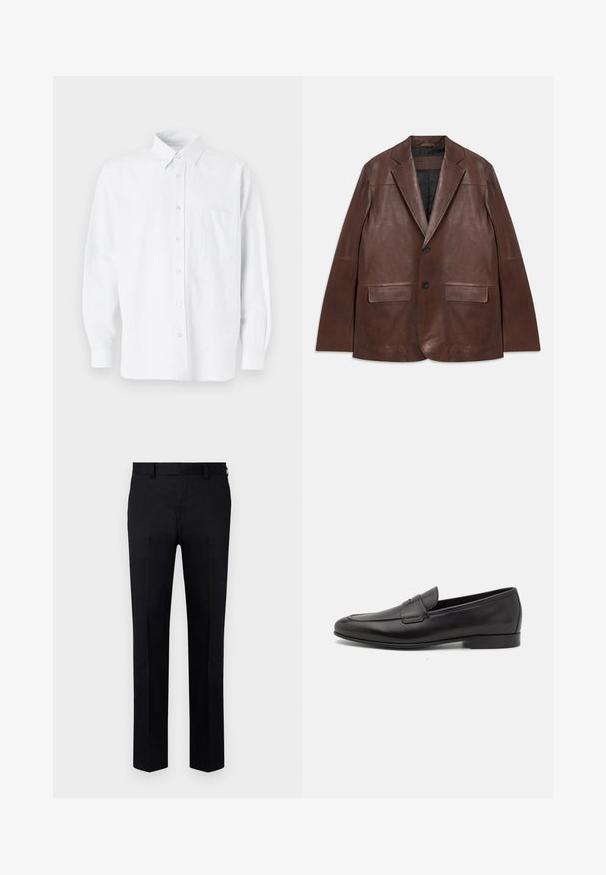 Ciemno-brązowa skórzana marynarka z klapami, dwiema czarnymi guzikami, kieszeniami z klapkami i czarną podszewką, leżąca płasko na białym tle.; Biała koszula z długim rękawem i kołnierzykiem, z delikatnymi pionowymi paskami, kieszonką na piersi oraz klasycznie zaokrąglonym hemem.; Czarne spodnie wykonane z gładkiego materiału, o prostym kroju, z przodem z zakładką i szlufkami na pasek w talii. Brak widocznych wzorów lub akcentów.; Czarne skórzane męskie loafersy z niskim obcasem i klasycznym paskiem penny, przedstawione w profilu bocznym na białym tle.