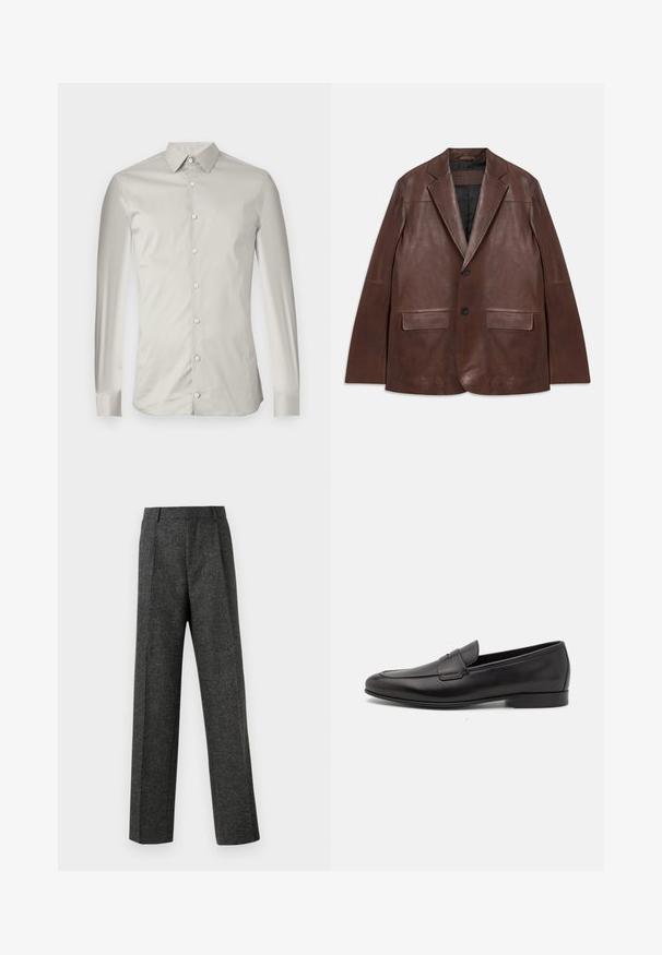 Blazer de cuero marrón oscuro con solapas de pico, dos botones negros, bolsillos con tapa y forro interior negro, dispuesto sobre un fondo blanco.; Camisa de manga larga gris claro, confeccionada en un tejido suave. Presenta un cuello de pico, botones en la parte delantera y un corte entallado con un diseño minimalista.; Pantalones gris ajustados hechos de una tela texturizada, con dos pliegues frontales y un diseño de pierna recta. Sin bolsillos visibles ni adornos.; Mocasín negro de cuero para hombres con un tacón bajo y un diseño clásico de cinta para monedas, mostrado en perfil lateral sobre un fondo blanco.