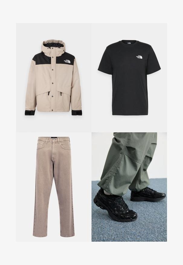 Casaco impermeável bege e preto com capuz, botões de pressão e cordões ajustáveis. Apresenta logotipo no peito e punhos elásticos.; T-shirt de algodão preto com mangas curtas, decote redondo e um pequeno logótipo branco no lado esquerdo do peito. Design simples, textura suave e corte relaxado.; Calças jeans bege claro, de corte reto, com textura ligeiramente desbotada, design de cinco bolsos e fecho de botão metálico. Detalhes de costura proeminentes.; Sapatilhas desportivas pretas com texturas brilhantes e de malha, apresentando uma sola grossa e atacadores, combinadas com calças cargo largas de cor verde-oliva.