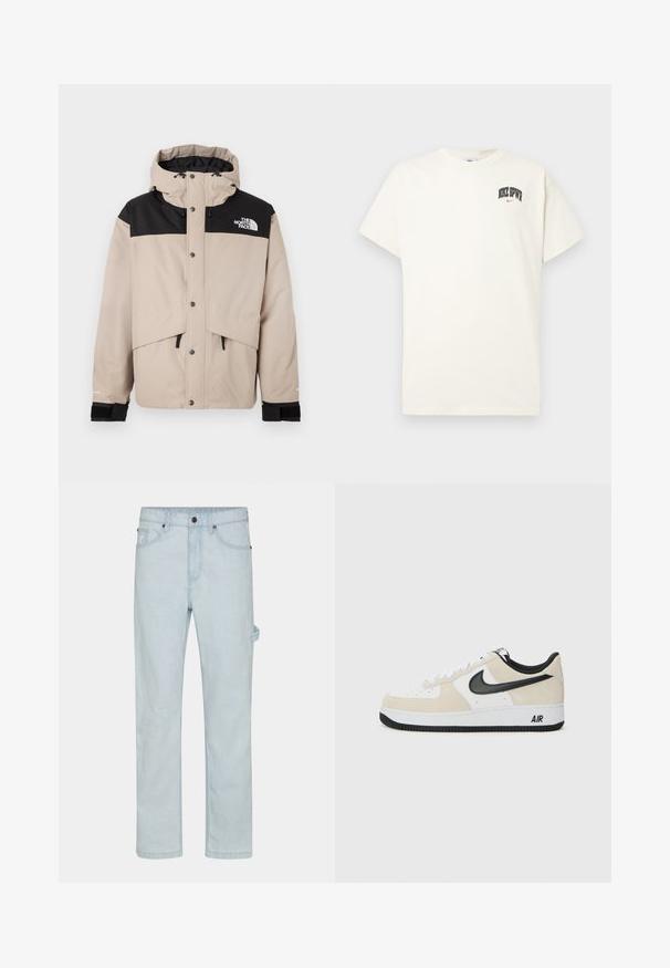 Bežinė ir juoda vandeniui atspari striukė su kepure, užsegimais ir reguliuojamomis raištelėmis. Pridedamas logotipas ant krūtinės ir elastingos rankogaliai.; Kremo spalvos medvilninis marškinėlis trumpomis rankovėmis, su "NIKE SB" juodu ir raudonu tekstu ant krūtinės. Standartinė apvali iškirptė.; Šviesiai mėlynos džinsinės kelnės, tiesaus kirpimo, su mygtuko uždarymu, penkiomis kišenėmis ir šoniniais kilpeliais patogumui.; Batai sportui su šviesiai rudos suku ir baltos odos viršutinė dalimi, juodom Nike swoosh detalėm, juodais akcentais ir balta gumine padanga su "AIR" ženklu.