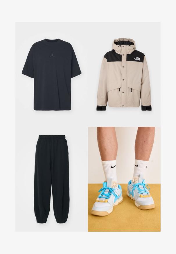 Beez ja must veekindel jakk kapuutsiga, trukkidega ja reguleeritavate köitega. Ees on logo ja elastsed mansetid.; Mustmust värvi puuvillane T-särk, laia lõikega, ümar kaelus, lühikesed varrukad, millel on diskreetne logo ja teksti "AIR" logo kohal keskel.; Mustade elastse vöökoha ja laia lõikega dressipüksid, mansetiga sääred, sile tekstuur ning ilma nähtavate mustrite või detailideta.; Heledad sinised spordijalatsid, millel on pruuni värvi tallad, silmapaistvad türksiisid nöörid ja kollased aktsendid. Tekstureeritud materjalid ja nähtav õhukaitse.