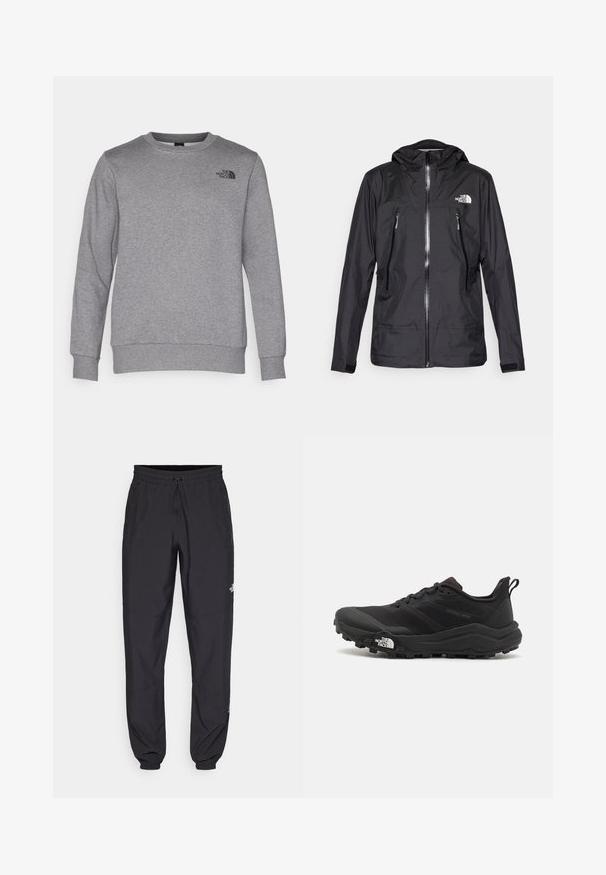 Giacca nera impermeabile con cappuccio, dotata di una zip frontale, due tasche con zip e un logo sul petto. Texture liscia, design leggero.; Felpa grigia realizzata in morbido cotone, con scollatura a girocollo, maniche lunghe, polsini e orlo a coste, con un logo nero sul petto.; Pantaloni sportivi neri realizzati in tessuto leggero, con vita regolabile con cordino, tasche laterali e orli affusolati alle caviglie.; Scarpa da trail running nera con tomaia texture, suola in gomma e punta rinforzata. Presenta un collare imbottito e un tassello per un indossamento facile.
