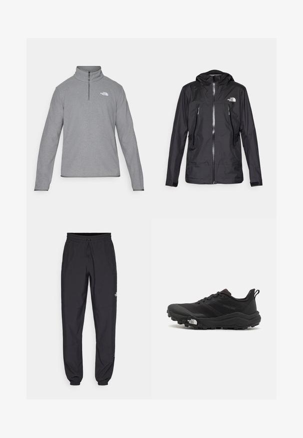 Must värvitud veekindel jakk kapuutsiga, esiküljel tõmblukk, kaks tõmblukuga taskut ja logo rindkeres. Sile tekstuur, kerge disain.; The North Face M GLACIER FLEECE 1/4 ZIP JACKET - Fliisdžemper - grey heather; Mustavad sportlikud püksid, mis on valmistatud kergest kangast, joonlauaga taljest, küljetaskudega ja kitsenevate varrukatega pahkluude juures.; Must tume jooksujalats musta värvi, tekstuurse ülemise osaga, kummist tallaga ja tugevdatud varbaga. Omab pehmendusega krae ja tõmblinti mugavaks selga panemiseks.