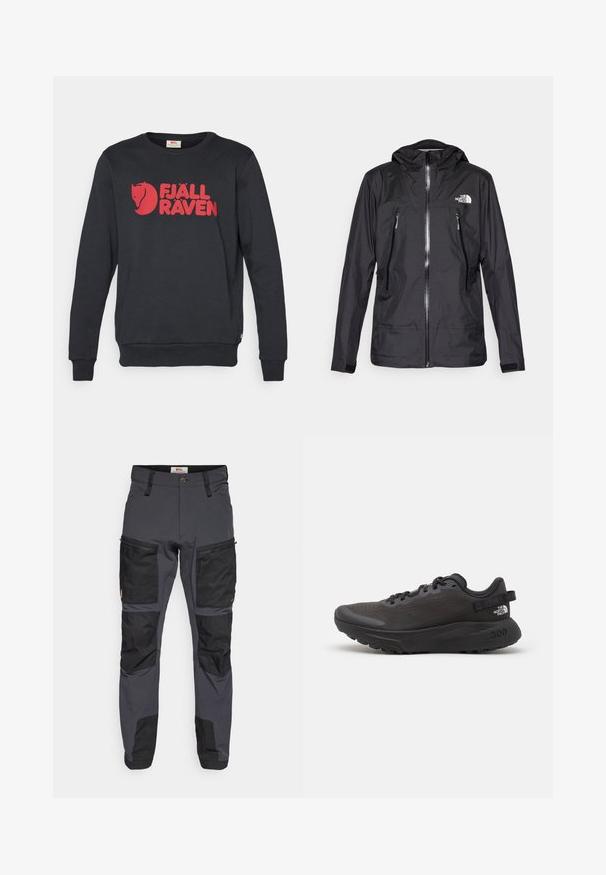 Giacca nera impermeabile con cappuccio, dotata di una zip frontale, due tasche con zip e un logo sul petto. Texture liscia, design leggero.; Felpa nera in cotone, con un logo rosso e una grafica prominente. Il design include maniche lunghe e un collo rotondo.; Pantaloni da esterno grigi con dettagli neri, realizzati in materiale resistente. Presentano più tasche e aree ginocchia rinforzate per una maggiore robustezza.; Scarpa sportiva nera con tomaia in mesh, colletto imbottito e suola in gomma. Presenta un design testurizzato e un marchio sul tallone. Costruzione leggera.