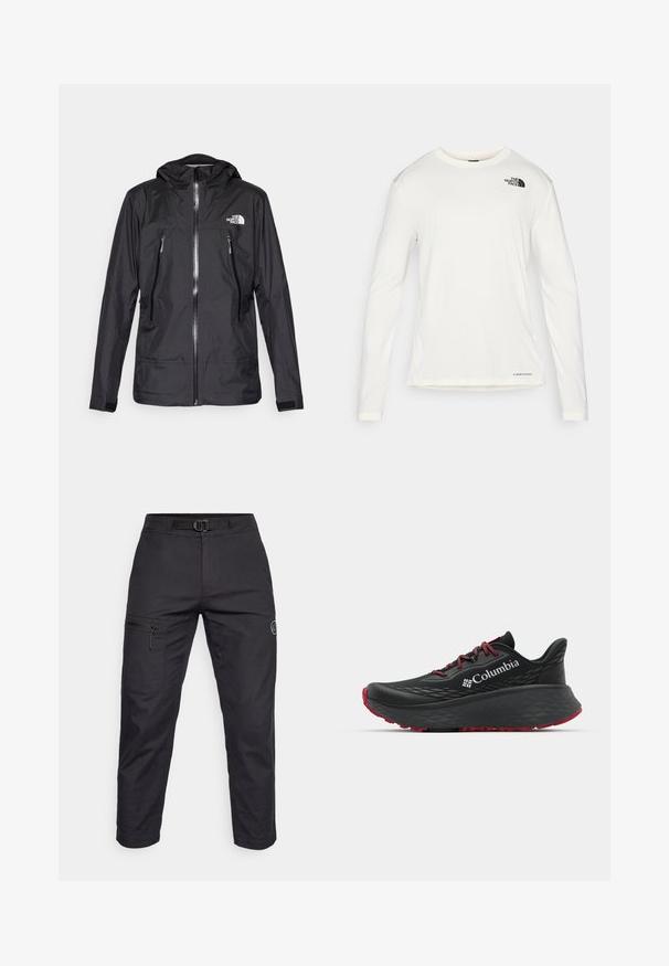 Črna vodoodporna jakna s kapuco, z sprednjim zadrgo, dvema žepoma z zadrgo in logotipom na prsih. Gladka tekstura, lahka zasnova.; Bela srajca z dolgimi rokavi in okroglim ovratnikom, strukturirana tkanina, črn logo na levem ramenu in diskretno znamčenje na dnu.; Črne cargo hlače z gladko teksturo, z žepom na stegnih z zadrgo, nastavljivim pasom in logotipom na nogi.; Črne atletske čevlje s teksturiranim zgornjim delom, rdečimi vezalkami in logotipom. Debel podplat s patternom za boljši oprijem. Minimalistična zasnova, stranski pogled.