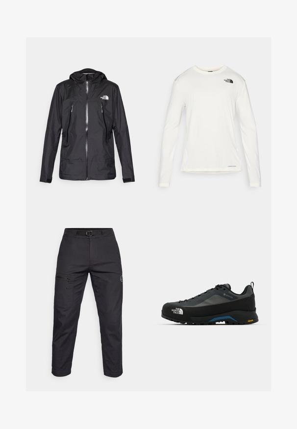 Čierna nepremokavá bunda s kapucňou, so zipsom na prednej strane, dvoma vreckami na zips a logom na hrudi. Hladký povrch, ľahký dizajn.; Biela košeľa s dlhým rukávom a okrúhlym výstrihom, textúrovaná látka, čierne logo na ľavom pleci a nenápadné značkovanie na spodnej časti.; Čierne cargo nohavice so hladkou textúrou, s vreckom so zipsom na stehne, nastaviteľným pásom a logom na nohe.; The North Face VERTO ALPINE GORE TEX - Turistické topánky - asphalt grey/tnf black