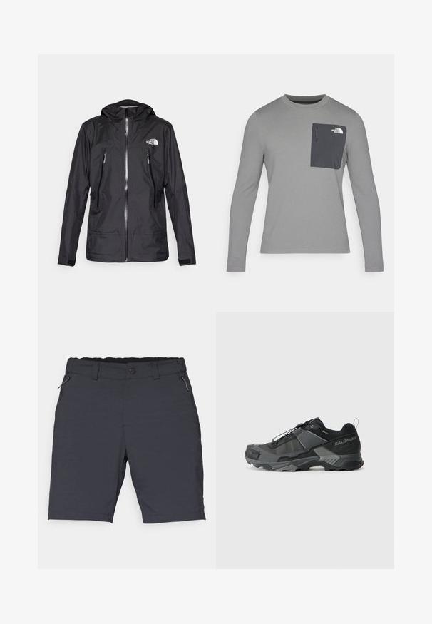 Svart vanntett jakke med hette, med en frontglidelås, to glidelåslommer, og en logo på brystet. Glatt tekstur, lett design.; Langermet grå skjorte med strukturert stoff, med en mørk grå brystlomme og glidelås. Logo på lommen i hvitt.; Mørkegrå shorts laget av lett stoff med flat midje, glidelås lommer på sidene og rett snitt til kneet.; Svart terrengløpesko med et slitesterkt maskeoberoende, forsterket tåhette, teksturert gummisåle og elastisk lissystem for sikre tilpasning.