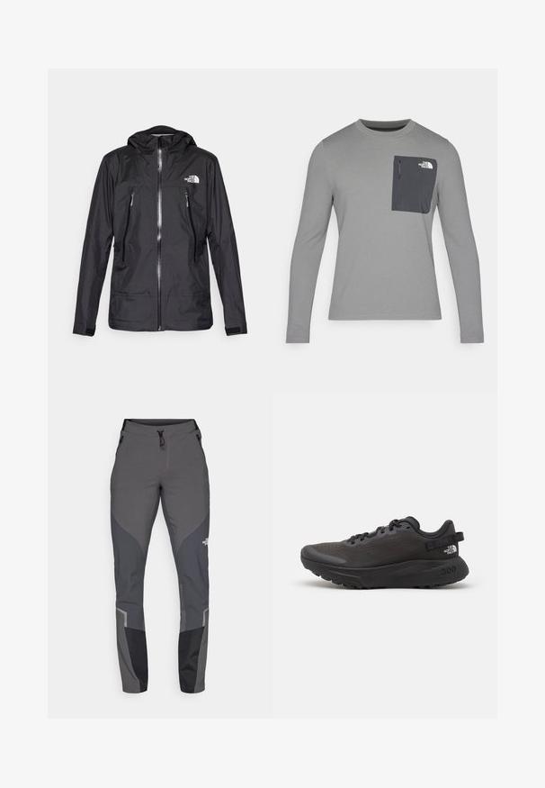Mustat vesitiiviit takki hupulla, jossa on edessä vetoketju, kaksi vetoketjullista taskua ja logo rinnassa. Silkkinen pinta, kevyt muotoilu.; Harmaa pitkähihaisuus paita, jossa on teksturoitu kangas, tummanharmaalla rintataskulla ja vetoketjukiinnityksellä. Taskussa valkoinen logo.; Harmaat vaellushousut, joissa on kapea malli, useita taskuja ja tummanharmaita sekä mustia yksityiskohtia. Valmistettu joustavasta ja kestävästä materiaalista.; Mustat urheilukengät, joissa on verkkopäällinen, pehmustettu kaulus ja kumipohja. Varustettu teksturoidulla suunnittelulla ja brändäyksellä kantapäässä. Kevyt rakenne.