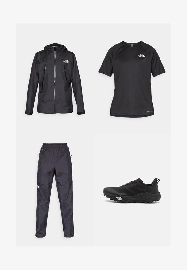 Svart vanntett jakke med hette, med en frontglidelås, to glidelåslommer, og en logo på brystet. Glatt tekstur, lett design.; Svart kortermet treningstrøye med strukturert stoff, med en hvit logo på venstre bryst og rett kant.; Svart vanntette bukser laget av lett, teksturert materiale. Har en elastisk midje og glidelåslommer.; Svart terrengløpesko med teksturert overdel, gummisåle og forsterket tåhette. Har polstret krage og løftestropp for enkel påkledning.