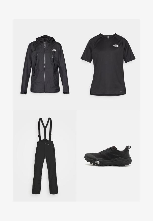 Fekete vízálló dzseki kapucnival, elülső cipzárral, két cipzáras zsebbel és logóval a mellkason. Simább textúra, könnyű kialakítás.; Fekete, rövid ujjú sportpóló struktúrált anyagból, bal mellen fehér logóval és egyenes aljjal.; Fekete, magas teljesítményű hóabroncs, állítható pántokkal, elülső cipzáras zsebekkel és sima, tartós textúrával.; Fekete terepfutó cipő, textúrált felső résszel, gumitalppal és megerősített lábujjrészével. Párnázott bokarésszel és húzófüllel rendelkezik a könnyű felhúzáshoz.