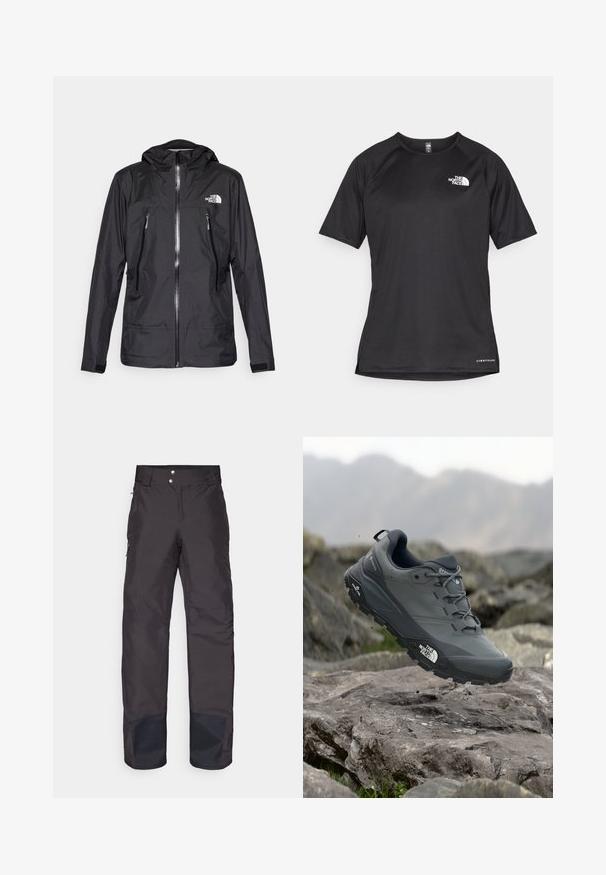 Black waterproof jacket with a hood, featuring a front zipper, two zippered pockets, and a logo on the chest. Smooth texture, lightweight design.; Black short-sleeve athletic shirt with a textured fabric, featuring a white logo on the left chest and a straight hem.; Patagonia INSULATED POWDER TOWN PANTS - Snowboard pants - black; Grey trail running shoe with a textured upper, durable rubber sole, and reinforced toe cap. Features laces and brand logo on the side.