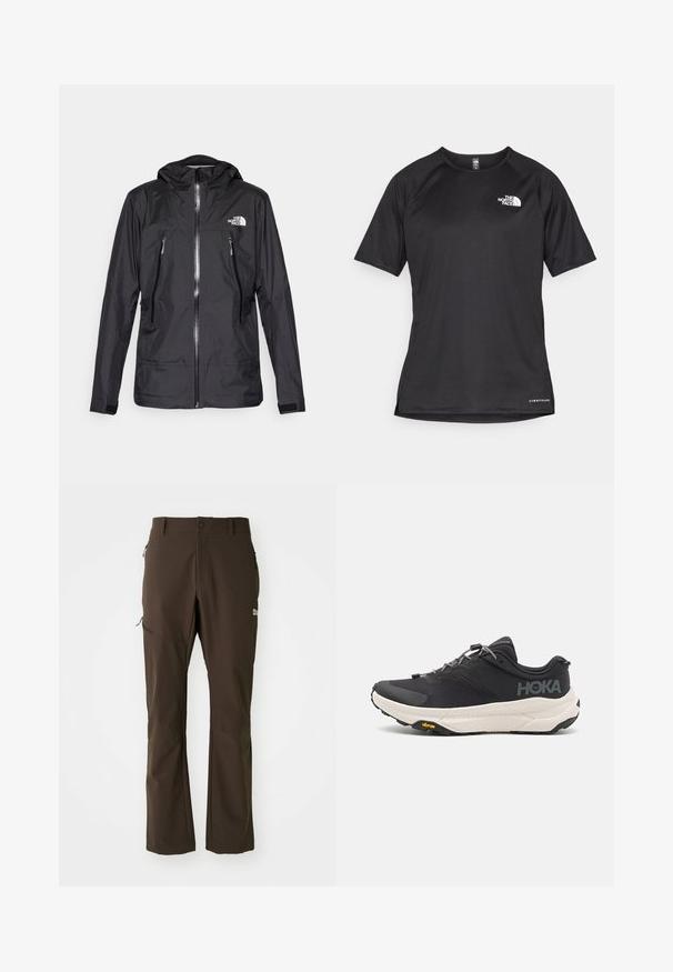Fekete vízálló dzseki kapucnival, elülső cipzárral, két cipzáras zsebbel és logóval a mellkason. Simább textúra, könnyű kialakítás.; Fekete, rövid ujjú sportpóló struktúrált anyagból, bal mellen fehér logóval és egyenes aljjal.; Jack Wolfskin HOLDSTEIG PANTS - Szabadtéri nadrágok - peat; Fekete sportcipő texturált felsőrésszel, szürke kiegészítőkkel, fényvisszaverő részletekkel és vastag fehér talppal, amelyen Vibram márkajelzés található.