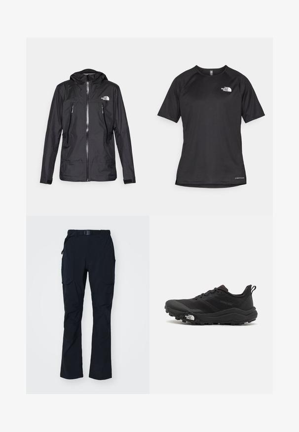 Svart vattentät jacka med huva, med en framzip, två fickor med dragkedja och en logotyp på bröstet. Slät textur, lätt design.; Svart kortärmad träningsskjorta i strukturerad tyg, med en vit logotyp på vänster bröst och rak fåll.; Svarta, lätta utomhusbyxor med rak design, elastisk midja, justerbart bälte och två sidofickor för förvaring.; Svart terränglöparsko med en strukturerad ovandel, gummisula och förstärkt tåhätta. Har en vadderad krage och en dragflik för enkel påtagning.