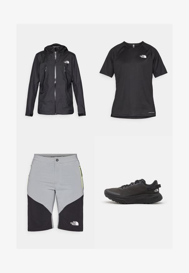 Juodas vandeniui atsparus džemperis su gobtuvu, pasižymintis priekiniais užtrauktukais, dviem užtrauktukais uždaromomis kišenėmis ir logotipu ant krūtinės. Lygus tekstūra, lengvas dizainas.; Juoda trumpa rankovė atletinė marškinė, pagaminta iš tekstūruotos medžiagos, su baltu logotipu kairėje krūtinės pusėje ir tiesiu apdailos kraštu.; Vyriški šortai pilkos spalvos su juodais akcentais, pasižymintys lenkta forma, užtrauktukais uždaromais šoninėmis kišenėmis ir "The North Face" logotipu apatiniame šone.; Juodas sportinis batai su tinklelio viršumi, paminkštintu apykaklė ir guminiu padu. Yra tekstūruotas dizainas ir ženklinimas ant kulno. Lengvas konstrukcija.