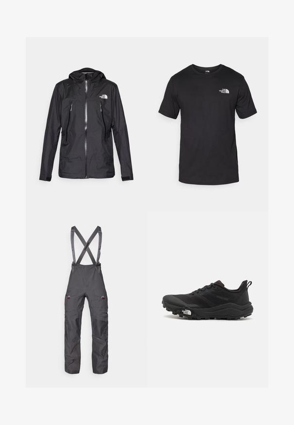 Fekete vízálló dzseki kapucnival, elülső cipzárral, két cipzáras zsebbel és logóval a mellkason. Simább textúra, könnyű kialakítás.; Fekete rövidujjú pamut póló, kerek nyakkivágással, a bal felső mellkason egy kis fehér logóval.; Szürke szigetelt overál állítható pántokkal, több zsebbel és megerősített térdekkel, sima, tartós szövet kialakítással.; Fekete terepfutó cipő, textúrált felső résszel, gumitalppal és megerősített lábujjrészével. Párnázott bokarésszel és húzófüllel rendelkezik a könnyű felhúzáshoz.