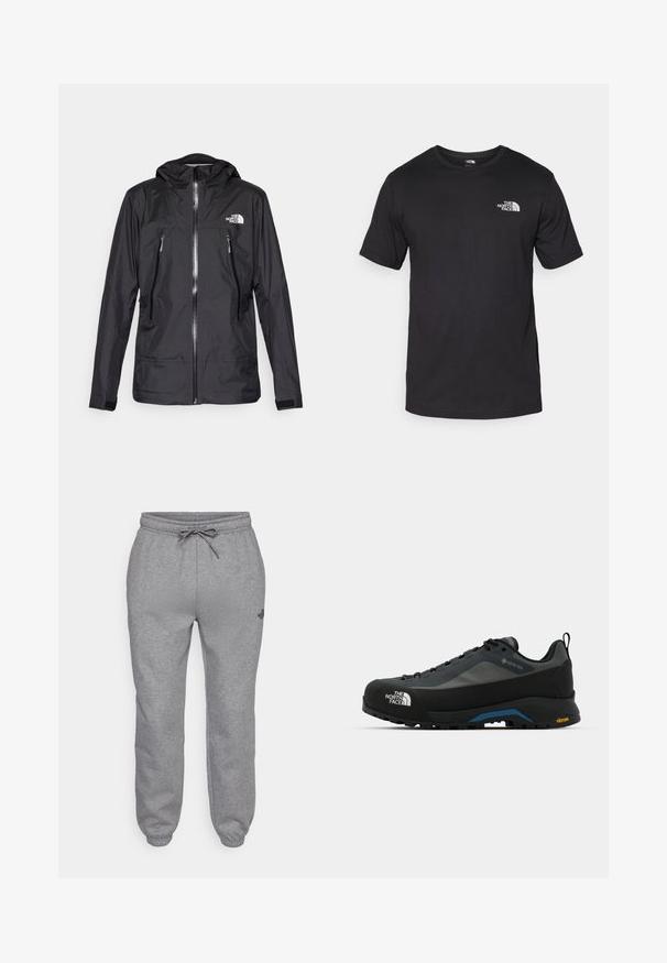 Must värvitud veekindel jakk kapuutsiga, esiküljel tõmblukk, kaks tõmblukuga taskut ja logo rindkeres. Sile tekstuur, kerge disain.; Must have lühikeste varrukatega must T-särk, mis on valmistatud puuvillast, ümmarguse kaelusega ja väikese valge logoga vasakus ülanurgas.; The North Face SIMPLE DOME REGULAR TAPERED JOGGER - Dresside alumine osa - medium grey heather; The North Face VERTO ALPINE GORE TEX - Matkajalatsid - asphalt grey/tnf black