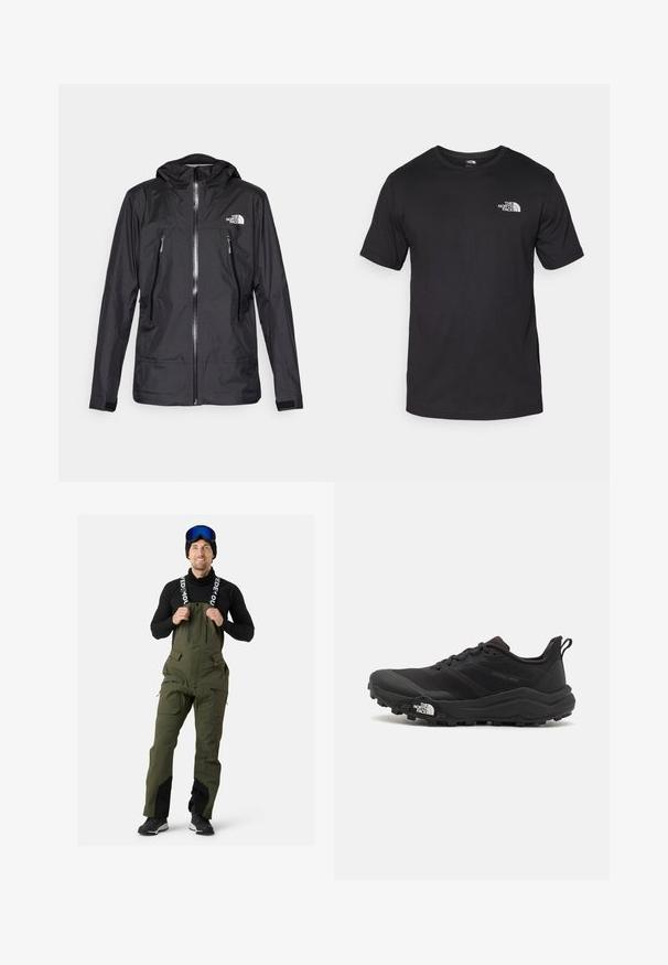 Sort vandtæt jakke med hætte, med en frontlynlås, to lynlåslommer og et logo på brystet. Glat tekstur, letvægtsdesign.; Sort kortærmet t-shirt lavet af bomuld, med rund halsudskæring og et lille hvidt logo på den øverste venstre brystområde.; Grønne vandtætte bib overalls med justerbare stropper, frontlynlås, flere lynlåslommer og forstærkede sorte detaljer ved manchetterne.; Sort trail løbesko med en struktureret overdel, gummisål og forstærket tåhætte. Har en polstret krave og en pull-tab til nem påtagning.