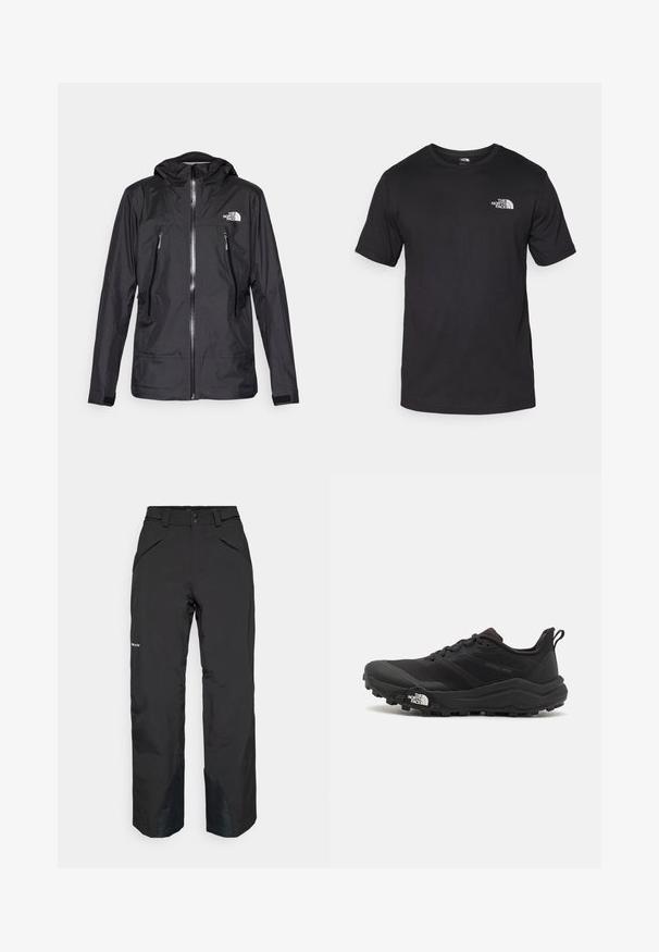 Giacca nera impermeabile con cappuccio, dotata di una zip frontale, due tasche con zip e un logo sul petto. Texture liscia, design leggero.; T-shirt nera a maniche corte in cotone, con scollatura rotonda e un piccolo logo bianco nell'area superiore sinistra del petto.; Pantaloni impermeabili neri con taglio dritto, dotati di tasche con zip, accenti di orlo rinforzati e una finitura liscia.; Scarpa da trail running nera con tomaia texture, suola in gomma e punta rinforzata. Presenta un collare imbottito e un tassello per un indossamento facile.
