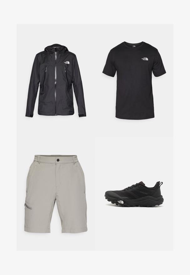 Melnā ūdensizturīgā jaka ar kapuci, ar priekšējo rāvējslēdzēju, divām rāvējslēdzēju kabatām un logo uz krūškurvja. Gluda tekstūra, viegls dizains.; Melna īsām piedurknēm T-krekls, kas izgatavots no kokvilnas, ar apaļu dekoltē un nelielu baltu logotipu augšējā kreisajā krūtīs.; Gai pelēki kravas šorti ar elastīgu jostasvietu, priekšējiem kabatām un sānu rāvējslēdzēju kabatu; gluda tekstūra un ceļa garuma griezums.; Melnas taku skriešanas kurpes ar teksturētu virsu, gumijas zoli un pastiprinātu pirkstu daļu. Aprīkotas ar mīkstu apkakli un vilkšanas cilpu, lai viegli uzvilktu.